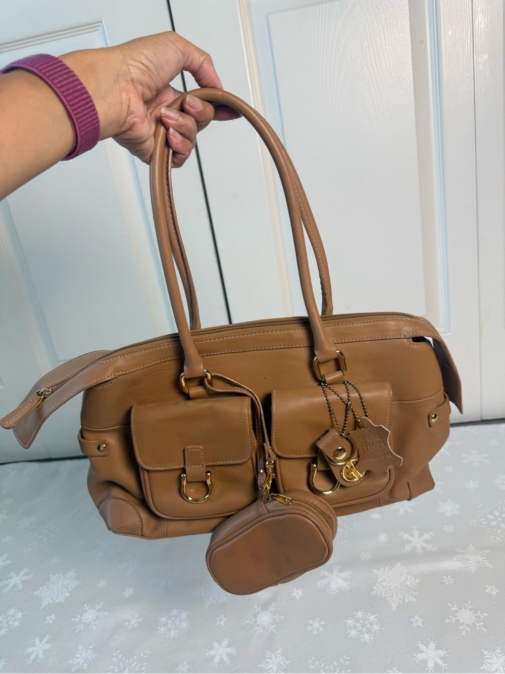 Giani Bernini Genuine Leather Tan Shoulder Bag Y2K Double Pocket Charm Purse